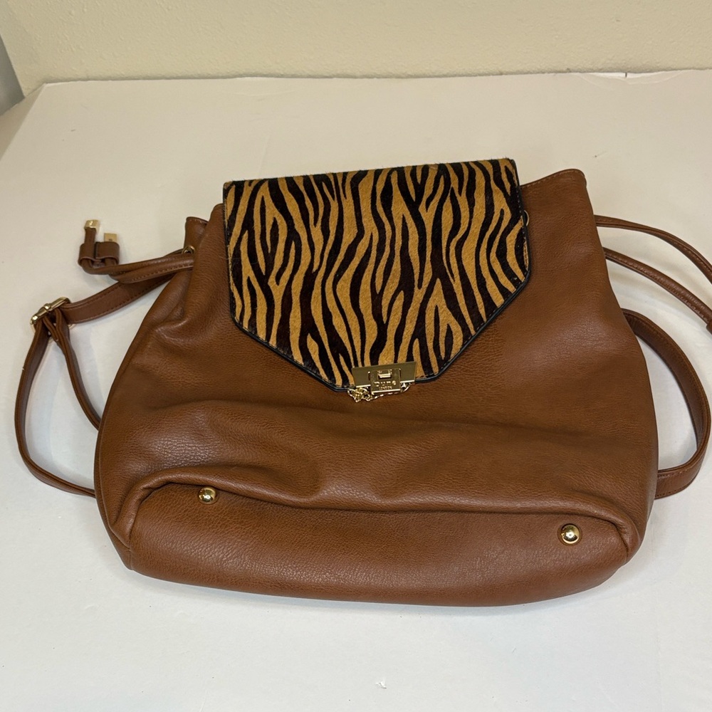 Dune London Brown Leather Bag/Backpack with Animal Print Flap
